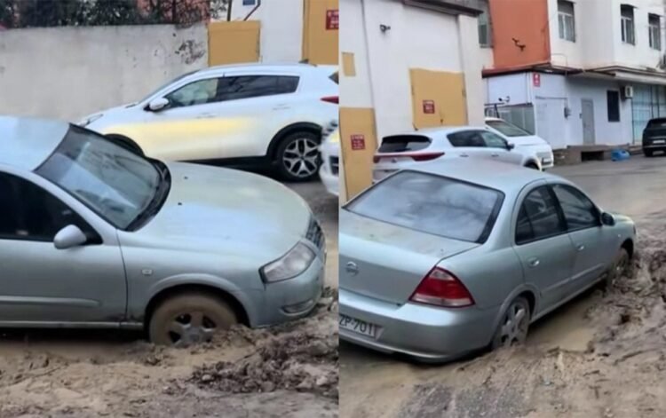 Bakıda binanın həyəti çökdü, maşın çuxura düşdü – VİDEO