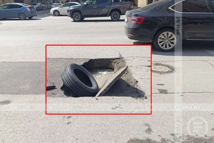 Bakının mərkəzində yeni təmir olunan yol ÇÖKDÜ